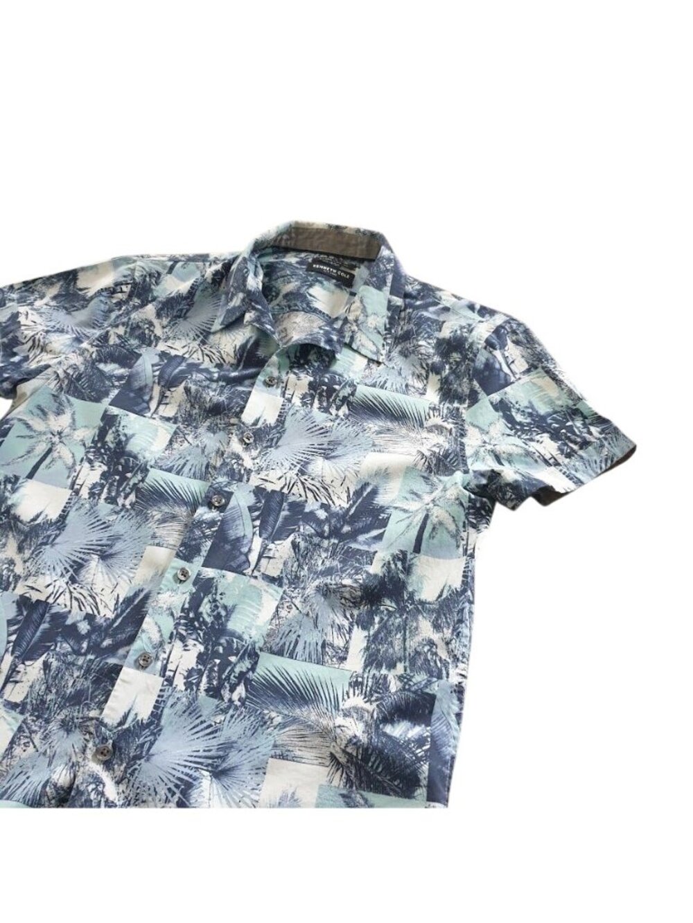 Kenneth Cole Men Hawaiian Print Button Up Shirt Short Sleeve Casual Blue Size M - Picture 5 of 13